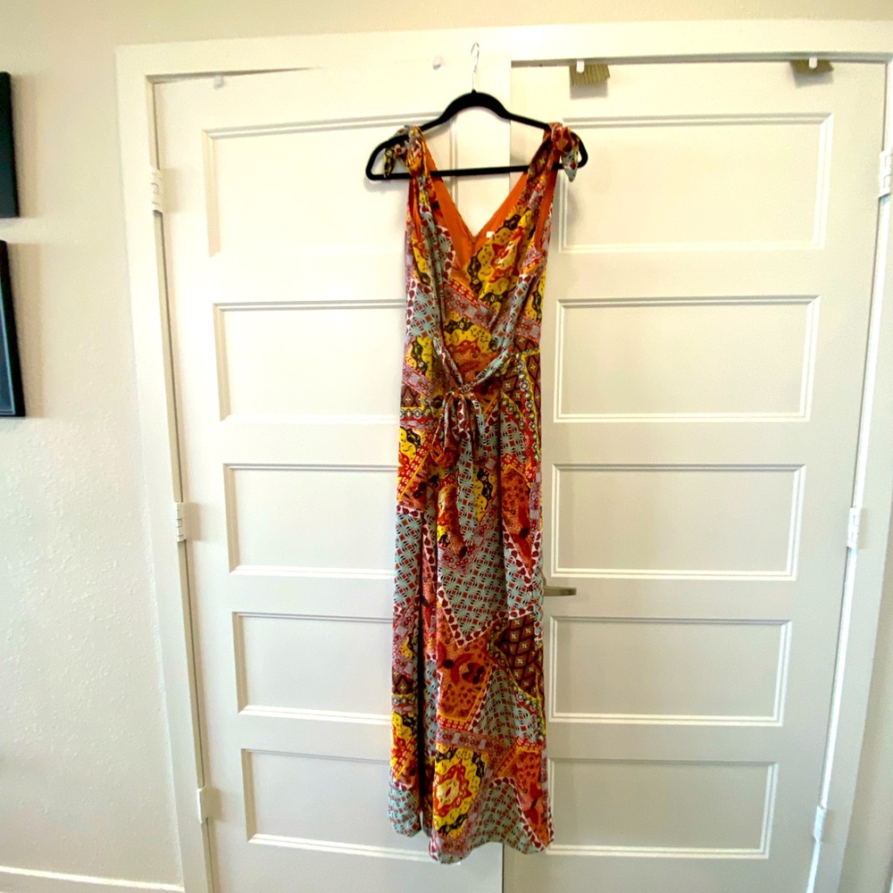 ANTHROPOLOGIE Harlyn Jumpsuit Tie Shoulder Wrap-Front Multi-Color Wide Leg Large
